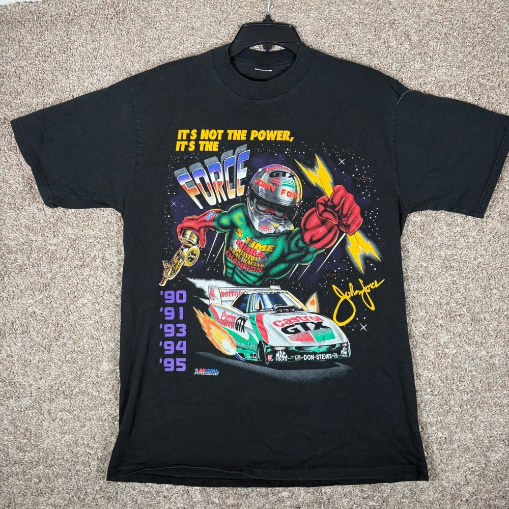 Vintage John Force NHRA Drag Racing T-Shirt Castrol GTX Black Mens L